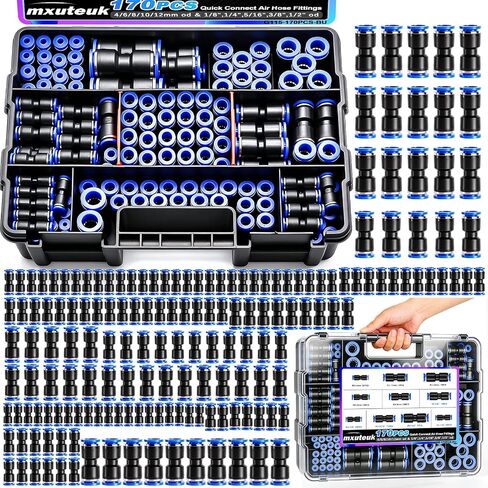 mxuteuk 170PCS Quick Connect Air Hose Fittings,1/8 1/4 5/16 3/8 1/2 inch & 4/6/8/10/12mm Straight Push to Connect Fittings,Quick Release Pneumatic Air Line Fitting in Saudi Arabia