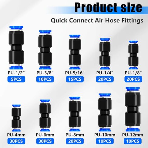 mxuteuk 170PCS Quick Connect Air Hose Fittings,1/8 1/4 5/16 3/8 1/2 inch & 4/6/8/10/12mm Straight Push to Connect Fittings,Quick Release Pneumatic Air Line Fitting in Saudi Arabia