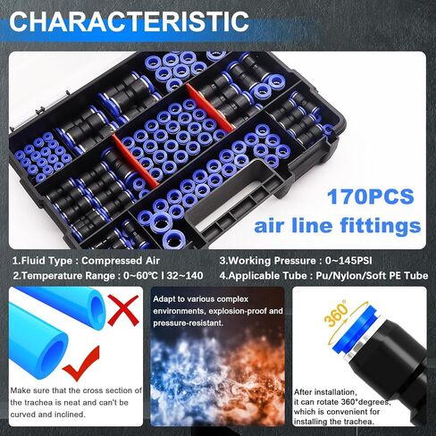 mxuteuk 170PCS Quick Connect Air Hose Fittings,1/8 1/4 5/16 3/8 1/2 inch & 4/6/8/10/12mm Straight Push to Connect Fittings,Quick Release Pneumatic Air Line Fitting in Saudi Arabia