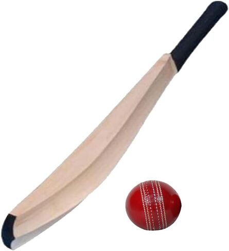 Cricket Practice Bat with Red Leather Ball, Wooden Construction, Black Handle | Plain Kashmiri Willow Cricket Bat Free Ball in Saudi Arabia