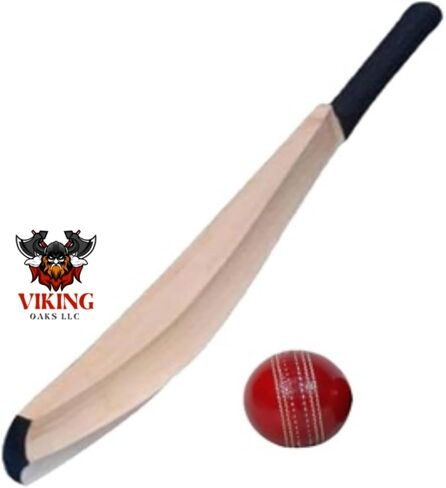 Cricket Practice Bat with Red Leather Ball, Wooden Construction, Black Handle | Plain Kashmiri Willow Cricket Bat Free Ball in Saudi Arabia