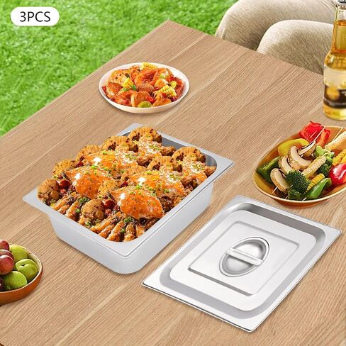 Set of 3 Stainless Steel Steam Table Pan, Breading Tray, Buffet Dinner Food Serving Hotel Pan for Food Warmer, Preparing Bread-Crumb Dish, Marinating Meat,4.5L in Kuwait