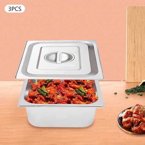 Set of 3 Stainless Steel Steam Table Pan, Breading Tray, Buffet Dinner Food Serving Hotel Pan for Food Warmer, Preparing Bread-Crumb Dish, Marinating Meat,4.5L in Kuwait