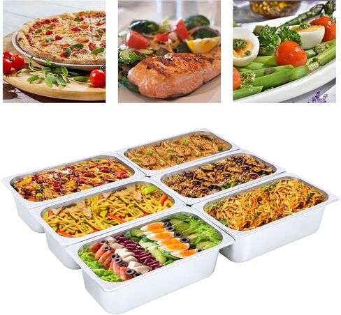 6 Pack Hotel Pans 4 Inch Deep, Commercial Stainless Steel Steam Table Pan, Anti-Jam Catering Food Pan For Restaurant Buffet, 32.5x17.5x10cm Chafing Dish Insert Tray For Kitchen Storage Serving in Kuwait