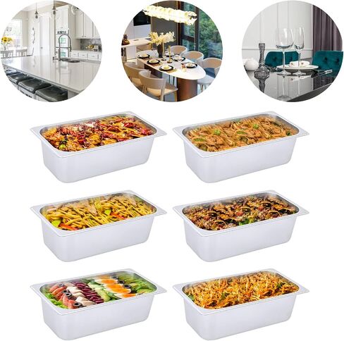 6 Pack Hotel Pans 4 Inch Deep, Commercial Stainless Steel Steam Table Pan, Anti-Jam Catering Food Pan For Restaurant Buffet, 32.5x17.5x10cm Chafing Dish Insert Tray For Kitchen Storage Serving in Kuwait