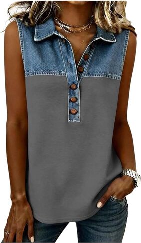 Oplxuo Faux Denim Tank Tops for Women Button V Neck Lapel Collar Casual Sleeveless Shirts Fashion Patchwork Western Blouses in Kuwait