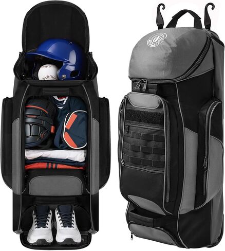 Catchers Gear Bag with Wheels, 99L Large Capacity Rolling Baseball Bag with Multi-Pockets, Sturdy Softball Bag with Sturdy Back Base Plate, 4 Bat Sleeves, Shoe Compartment, Fence Hooks in Kuwait