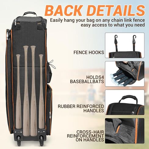 LIWSHWZ Rolling Baseball Bag with Wheels for 7 Bats,Softball Bag with Shoe Compartment,Large Team Equipment Duffle Bat Bag with Hook in Kuwait