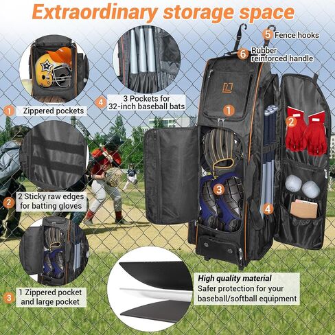 LIWSHWZ Rolling Baseball Bag with Wheels for 7 Bats,Softball Bag with Shoe Compartment,Large Team Equipment Duffle Bat Bag with Hook in Kuwait