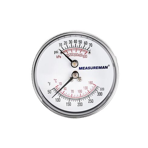 MEASUREMAN 3" Tridicator Thermo-Manometer, 10-70psi/100-500kPa, 60-320°F/20-160℃, 1/4" NPT Back Mount, Black Steel Case & Brass Connection, for Boiler, Hot Water Measurement in Kuwait