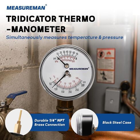MEASUREMAN 3" Tridicator Thermo-Manometer, 10-70psi/100-500kPa, 60-320°F/20-160℃, 1/4" NPT Back Mount, Black Steel Case & Brass Connection, for Boiler, Hot Water Measurement in Kuwait