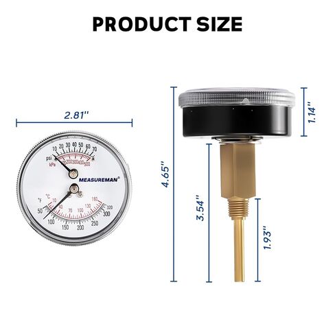 MEASUREMAN 3" Tridicator Thermo-Manometer, 10-70psi/100-500kPa, 60-320°F/20-160℃, 1/4" NPT Back Mount, Black Steel Case & Brass Connection, for Boiler, Hot Water Measurement in Kuwait