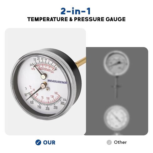 MEASUREMAN 3" Tridicator Thermo-Manometer, 10-70psi/100-500kPa, 60-320°F/20-160℃, 1/4" NPT Back Mount, Black Steel Case & Brass Connection, for Boiler, Hot Water Measurement in Kuwait