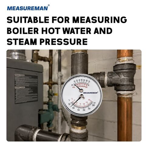 MEASUREMAN 3" Tridicator Thermo-Manometer, 10-70psi/100-500kPa, 60-320°F/20-160℃, 1/4" NPT Back Mount, Black Steel Case & Brass Connection, for Boiler, Hot Water Measurement in Kuwait