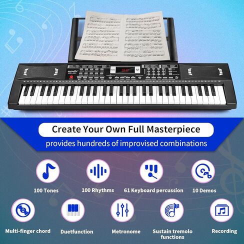 61 Keys Electronic Digital piano, Portable Keyboard Piano with Built-in Speaker and Microphone, Sheet Stand and Power Supply, Keyboard Piano Teaching Gift for Beginners Eelectric in Kuwait