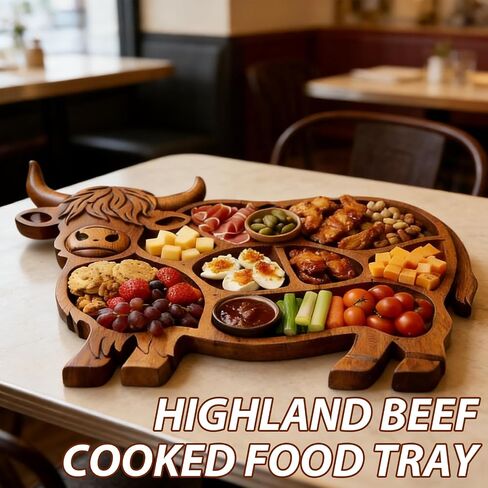 Highland Cow Wooden Charcuterie Board, Rustic Farmhouse Serving Board Made from Natural Solid Wood with Compartments for Cheese, Meat, Fruit & Snacks in Saudi Arabia