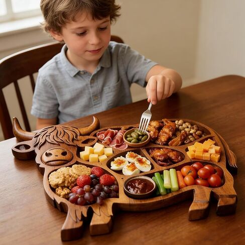 Highland Cow Wooden Charcuterie Board, Rustic Farmhouse Serving Board Made from Natural Solid Wood with Compartments for Cheese, Meat, Fruit & Snacks in Saudi Arabia