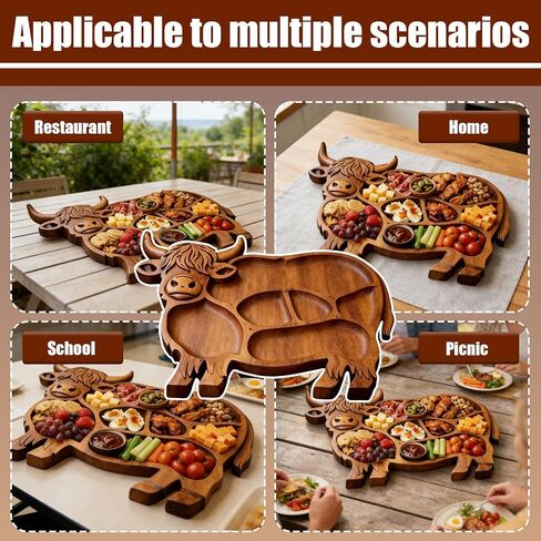 Highland Cow Wooden Charcuterie Board, Rustic Farmhouse Serving Board Made from Natural Solid Wood with Compartments for Cheese, Meat, Fruit & Snacks in Saudi Arabia