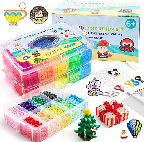 Inscraft 25000 Fuse Beads Kit with 3 Layers Portable Storage Box, 26 Color 5MM Iron Beads Set with 127 Patterns, 6 Pegboards, 10 Ironing Paper, 5 Tweezers, 66 accessories, Gifts for Birthday Christmas in Kuwait