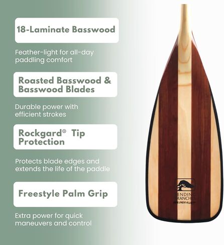 BENDING BRANCHES Explorer Plus Wood Canoe Paddle – 18-Laminate Basswood Shaft, Hardwood Blade with Fiberglass Wrap and Rockgard® Protection, Freestyle Palm Grip for Wilderness & Flatwater in Kuwait