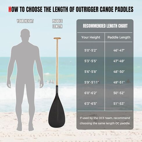 Hybrid Outrigger Canoe Paddle with Wooden Shaft and Carbon Fiber Blade, Lightweight and Durable OC Paddle, 48"-52" in Kuwait