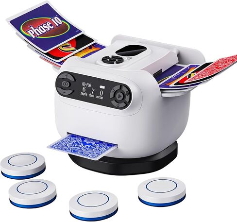 ماكينة خلط البطاقات وموزعها لـ Texas Hold'em، UNO، المرحلة 10، Rummy، آلة البوكر الكهربائية 2 في 1 تدعم 8 لاعبين - تخصيص وضع اللعبة، 4 أجهزة تحكم عن بعد، قابلة لإعادة الشحن 360 درجة/180 درجة من النوع C، أبيض in Kuwait