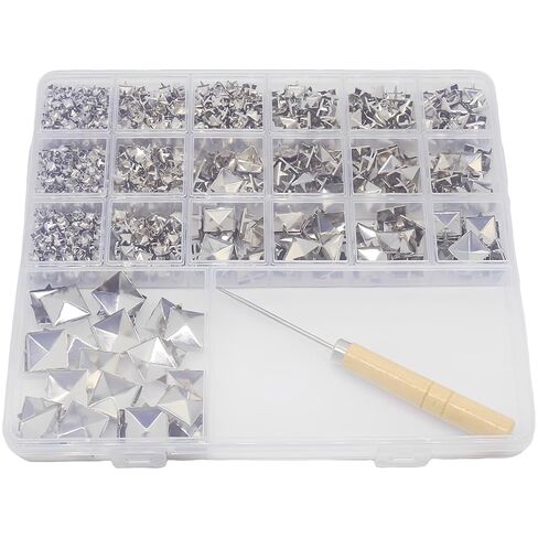 Pyramid Studs Kit, 1170 Pcs, Silver Electroplated Iron Rivets, Assorted Square Spike Sizes with Storage Box for Leather Crafting, Clothing, Shoes, Bags, Punk Rock Accessories in Kuwait