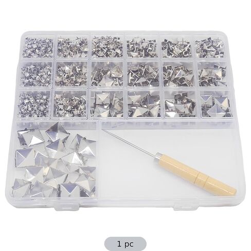 Pyramid Studs Kit, 1170 Pcs, Silver Electroplated Iron Rivets, Assorted Square Spike Sizes with Storage Box for Leather Crafting, Clothing, Shoes, Bags, Punk Rock Accessories in Kuwait