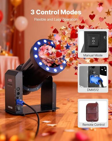 آلة النثار الكهربائية VEVOR مع أضواء LED، قاذفة مدفع قصاصات الورق بقوة 1500 واط، DMX512، جهاز تحكم يدوي وعن بعد، مطلق النار المحمول Confetti لمسرح حفلات الزفاف وأعياد الميلاد in Kuwait