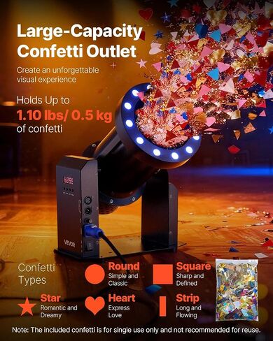 آلة النثار الكهربائية VEVOR مع أضواء LED، قاذفة مدفع قصاصات الورق بقوة 1500 واط، DMX512، جهاز تحكم يدوي وعن بعد، مطلق النار المحمول Confetti لمسرح حفلات الزفاف وأعياد الميلاد in Kuwait