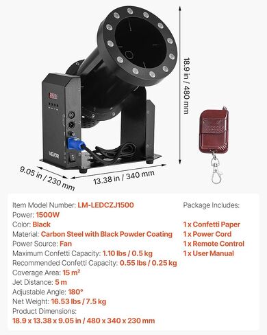 آلة النثار الكهربائية VEVOR مع أضواء LED، قاذفة مدفع قصاصات الورق بقوة 1500 واط، DMX512، جهاز تحكم يدوي وعن بعد، مطلق النار المحمول Confetti لمسرح حفلات الزفاف وأعياد الميلاد in Kuwait