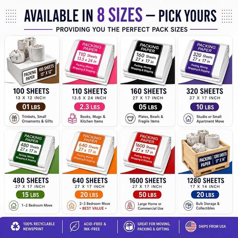Packing Paper Sheets for Moving, 1280 Sheets, 14 x 17 Inch, 20 lb | Bulk unprinted packing paper for wrapping dishes, mugs, glassware, décor, and fragile items during moving or shipping. in Kuwait