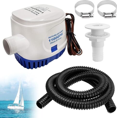 1100 GPH Automatic Boat Bilge Water Pump 12V, 1-1/8 Inch Dia Bilge Pump Plumbing Kit with 6FT Hose, 2 Clamps, Thru-Hull Fitting, Ideal for Fishing Boats, Cruisers, Runabouts, Yachts in Kuwait
