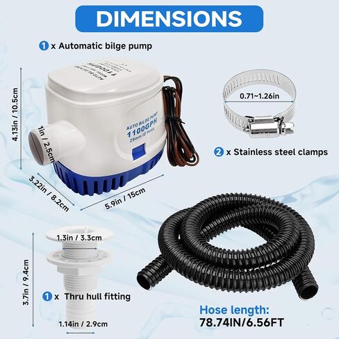 1100 GPH Automatic Boat Bilge Water Pump 12V, 1-1/8 Inch Dia Bilge Pump Plumbing Kit with 6FT Hose, 2 Clamps, Thru-Hull Fitting, Ideal for Fishing Boats, Cruisers, Runabouts, Yachts in Kuwait