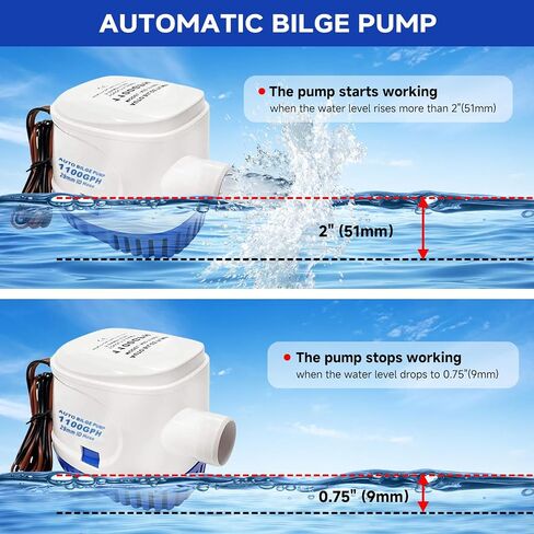 1100 GPH Automatic Boat Bilge Water Pump 12V, 1-1/8 Inch Dia Bilge Pump Plumbing Kit with 6FT Hose, 2 Clamps, Thru-Hull Fitting, Ideal for Fishing Boats, Cruisers, Runabouts, Yachts in Kuwait