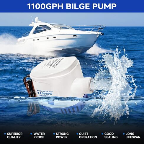 1100 GPH Automatic Boat Bilge Water Pump 12V, 1-1/8 Inch Dia Bilge Pump Plumbing Kit with 6FT Hose, 2 Clamps, Thru-Hull Fitting, Ideal for Fishing Boats, Cruisers, Runabouts, Yachts in Kuwait