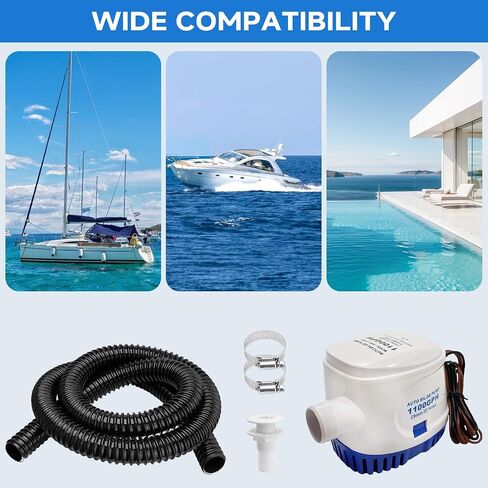 1100 GPH Automatic Boat Bilge Water Pump 12V, 1-1/8 Inch Dia Bilge Pump Plumbing Kit with 6FT Hose, 2 Clamps, Thru-Hull Fitting, Ideal for Fishing Boats, Cruisers, Runabouts, Yachts in Kuwait