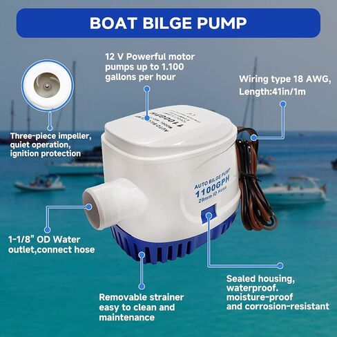 1100 GPH Automatic Boat Bilge Water Pump 12V, 1-1/8 Inch Dia Bilge Pump Plumbing Kit with 6FT Hose, 2 Clamps, Thru-Hull Fitting, Ideal for Fishing Boats, Cruisers, Runabouts, Yachts in Kuwait