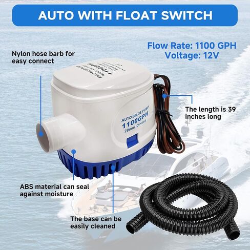 1100 GPH Automatic Boat Bilge Water Pump 12V, 1-1/8 Inch Dia Bilge Pump Plumbing Kit with 6FT Hose, 2 Clamps, Thru-Hull Fitting, Ideal for Fishing Boats, Cruisers, Runabouts, Yachts in Kuwait