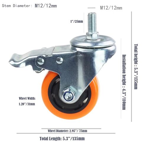 عجلات دوارة شديدة التحمل، عجلات PVC صفراء مقاس 3 بوصة مع جذع متري M12-1.75x25 مم عجلات أمان مزدوجة تصل إلى 1200 رطل/مجموعة للصناعة والأثاث، مجموعة مكونة من 4 قطع in Saudi Arabia