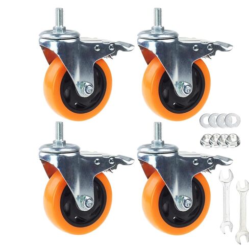 عجلات دوارة شديدة التحمل، عجلات PVC صفراء مقاس 3 بوصة مع جذع متري M12-1.75x25 مم عجلات أمان مزدوجة تصل إلى 1200 رطل/مجموعة للصناعة والأثاث، مجموعة مكونة من 4 قطع in Saudi Arabia