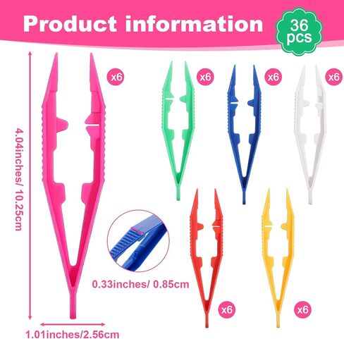 Sorcristy 36pcs Tweezers for Fine Motor, Plastic Fine Point Bead Tweezer Professional Beading Tools, Non-Slip for Motor Skills Development(Green, Bright Red, Blue, White, Yellow, Rose Red) in Kuwait