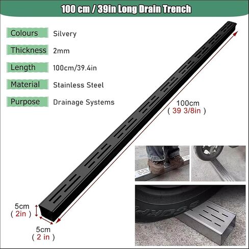 Black Silver Metal Trench Drain System for Driveway & Yard, Slim Channel Grate Drain 100cm/300cm, Customizable Quick Floor Trough Guttering (10ft, WxH 2x2) in Saudi Arabia
