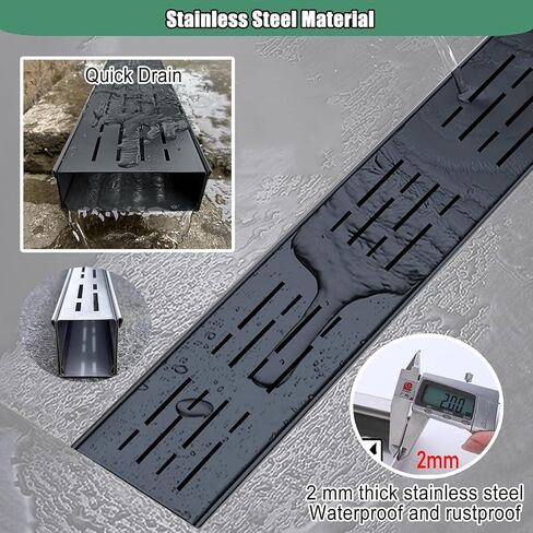 Black Silver Metal Trench Drain System for Driveway & Yard, Slim Channel Grate Drain 100cm/300cm, Customizable Quick Floor Trough Guttering (10ft, WxH 2x2) in Saudi Arabia