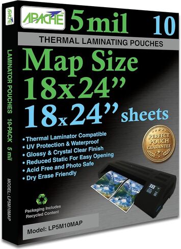 Apache Map Size Laminating Pouches, 5 Mil, 10 Pack, 18 x 24 Inch Pouch Size Laminating Sheets, Thermal Laminator Compatible, Super Clear, Round Corners in Kuwait