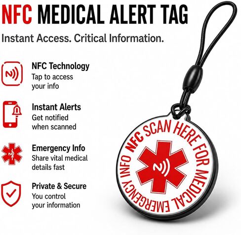 علامة النقر للتنبيه الطبي NFC مع إمكانية الوصول إلى المعلومات الطبية الطارئة | معرف طبي رقمي - بدون بطاريات - بدون اشتراكات in Kuwait