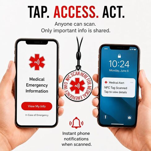 علامة النقر للتنبيه الطبي NFC مع إمكانية الوصول إلى المعلومات الطبية الطارئة | معرف طبي رقمي - بدون بطاريات - بدون اشتراكات in Kuwait