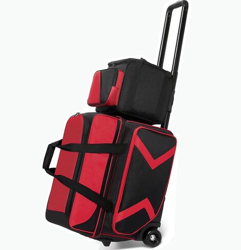 3 Ball Bowling Bags with Wheels and Shoes Compartment, Roller with Multipocket, 2 Ball Bowling Roller Bag + 1 Ball Color Matching Add On Tote (Red-Black) in Kuwait