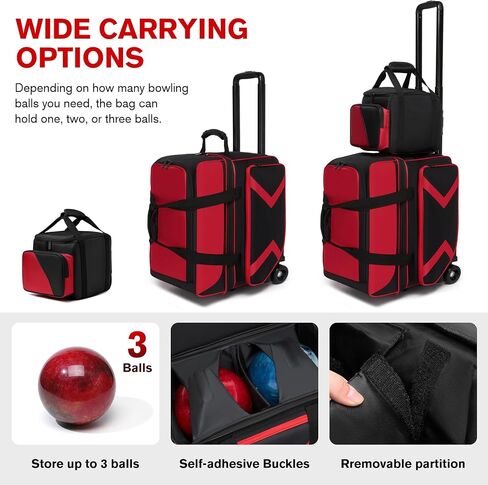 3 Ball Bowling Bags with Wheels and Shoes Compartment, Roller with Multipocket, 2 Ball Bowling Roller Bag + 1 Ball Color Matching Add On Tote (Red-Black) in Kuwait