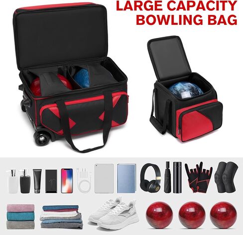 3 Ball Bowling Bags with Wheels and Shoes Compartment, Roller with Multipocket, 2 Ball Bowling Roller Bag + 1 Ball Color Matching Add On Tote (Red-Black) in Kuwait